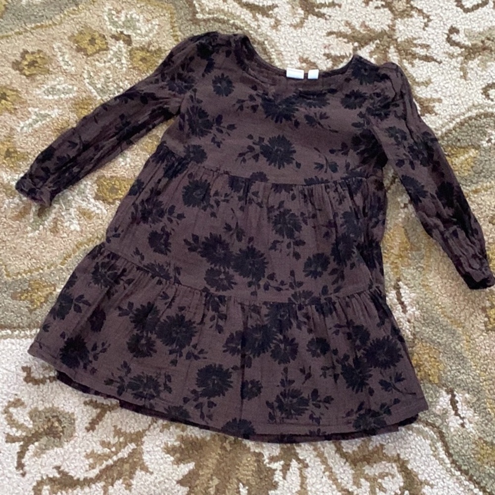 Brown with black floral print long sleeve dresses